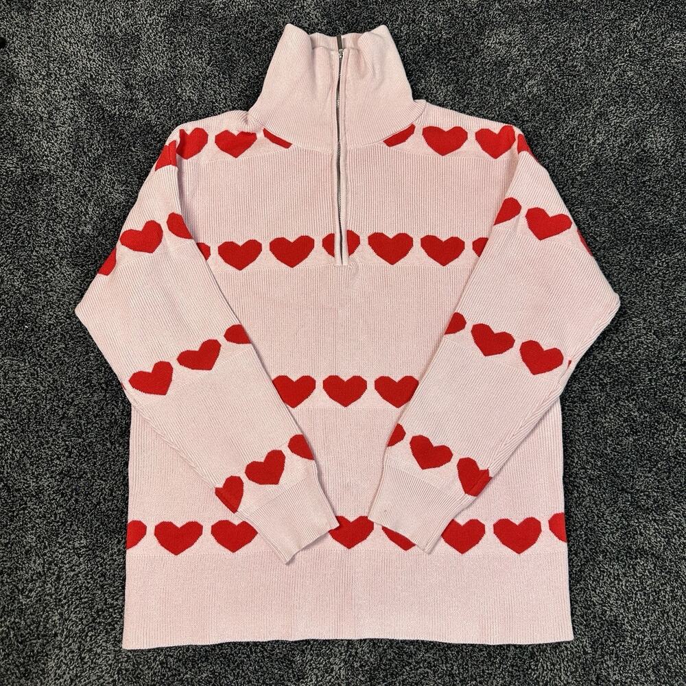 Pink Red Heart Sweater Women's Valentine Half Zip Pullover Knit Long Sleeve Sz S